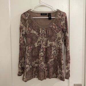 Vintage Y2K Boho Babydoll Long-Sleeve Paisley Scoop Neck Taupe/Burgundy Blouse